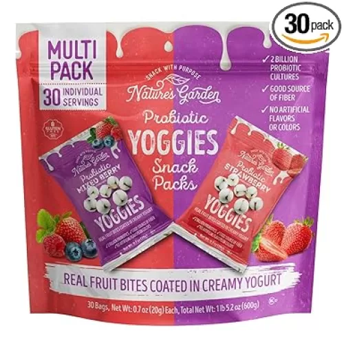 Nature's Garden Probiotic Yoggies Multi Pack, 21oz (Strawberry Yoggies 15x0.7 oz +Mixed Berry Yoggies 15x0.7 oz), Strawberry and Mixed Berry Yogurt Covered Snack, High Fiber, Real Fruit Pieces, No Artificial Ingredients, Healthy Snack for Adults