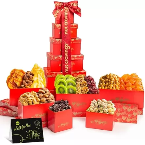 NUT CRAVINGS Fathers Day Gourmet Dad Treats - Dried Fruit & Mixed Nuts Gift Basket Red Tower + Heart Ribbon (12 Assortments) Food Arrangement, Healthy Snack Care Package, Kosher