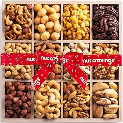NUT CRAVINGS Fathers Day Gourmet Dad Treats - Mixed Nuts Gift Basket + Heart Ribbon (7 Assortments) Food Arrangement, Healthy Snack Care Package, Kosher