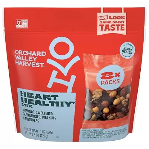 Orchard Valley Harvest Heart Healthy Mix, Almonds, Cranberries, Walnuts, and Chickpeas, Gluten Free, Non-GMO, No Artificial Ingredients, 1 oz (Pack of 8), On-The-Go Snack For The Whole Family