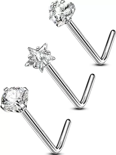 OUFER 3PCS Nose Rings Studs, G23 Solid Titanium 20G Nose Rings L-shaped, Round/Star/Heart Shaped Sparkling CZ Nostril Piercing Jewelry for Women and Men