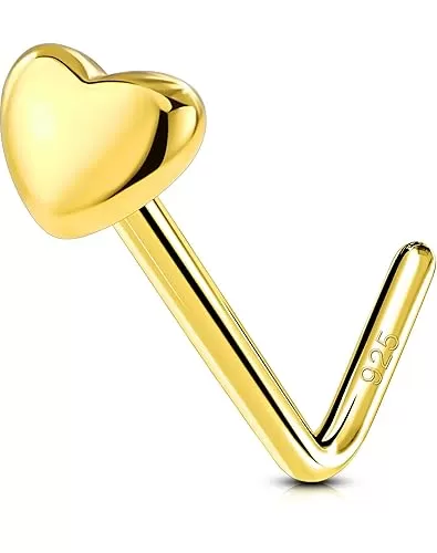 OUFER 925 Sterling Silver Gold Nose Ring, Heart Nose Studs, Bone L Shaped 20G Nose Rings Studs, Cute Nostril Nose Piercing Jewelry for Women Men