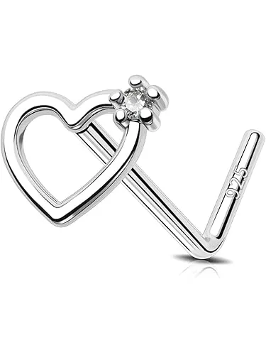 OUFER 925 Sterling Silver Nose Stud L Nose Rings 20G Nostril Solid Heart Nose Piercings Jewelry Cartilage Earrings for Women Men (L - Heart)