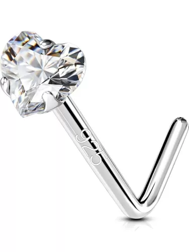 OUFER 925 Sterling Silver Nose Studs, L Shaped Nose Rings Studs, 20G Nostril Solid 3mm Heart CZ Nose Piercing Jewelry, Nose Studs For Women Men (L - 3mm Heart)