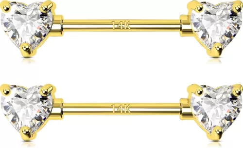 OUFER Nipple Rings, Heart Nipple Jewelry, 14K Solid Gold, 14G, Clear CZ Stones, Bridge Piercing, Sexy