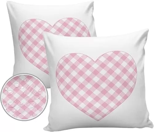 Outdoor Waterproof Throw Pillow Cover Romantic Heart Shaped Pink White Buffalo Checker Decorative Pillows Cushion Covers White 2 Pack Pillow Cases for Patio Garden Balcony Couch Sofa 16x16In