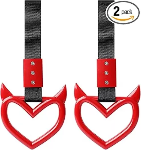Ouzorp 2Pieces Rings Heart Shaped, Car Handle Ring, Handle Hand Strap for Subway Train Bus, Car Exterior Accessories(Red)