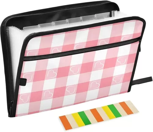 Plaid Tone Heart Shape Expanding File Folder Checkerboard Accordion Filing Folder A4 Letter Size File Pockets Zipper Closure Portable Paper Document Organizer for School Home Office Travel