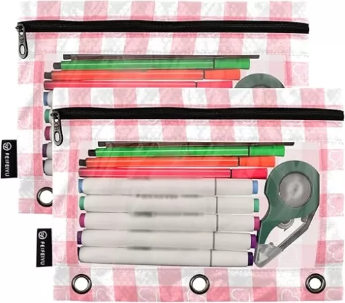 Plaid Tone Heart Shape Pencil Pouch 3 Ring Checkerboard 2 Pack Binder Pencil Pouch Clear Window Pencil Case with Zipper Cosmetic Bag for School Office Home