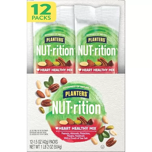 PLANTERS NUT-rition Heart Healthy Mix, 1.5 oz Bags (Pack of 12) - On-the-Go Snack, Work Snack, School Snack and Active Lifestyle Snack - Great Camping Snacks - Satisfying Nut Mix - Kosher