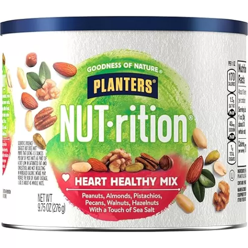 PLANTERS NUT-rition Heart Healthy Snack Nuts Mix, 9.75 oz Canister (Pack of 3) | On-the-Go Snack, Work Snack, School Snack and Active Lifestyle Snack | Wholesome Snack | Nutrient Dense Snack | Kosher