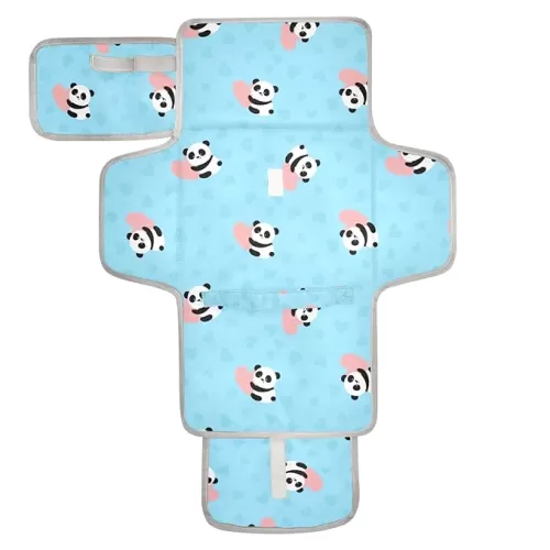 Portable Changing Pad Cute Panda Baby with Hearts Diaper Changing Pad for Baby Foldable Changing Mat with Built-in Pillow