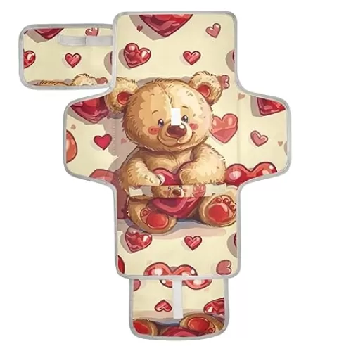 Portable Changing Pad for Baby - Bears and Hearts Waterproof Diaper Changing Mat Travel Changing Pad with Built-in Pillow - Shower Gift for Baby