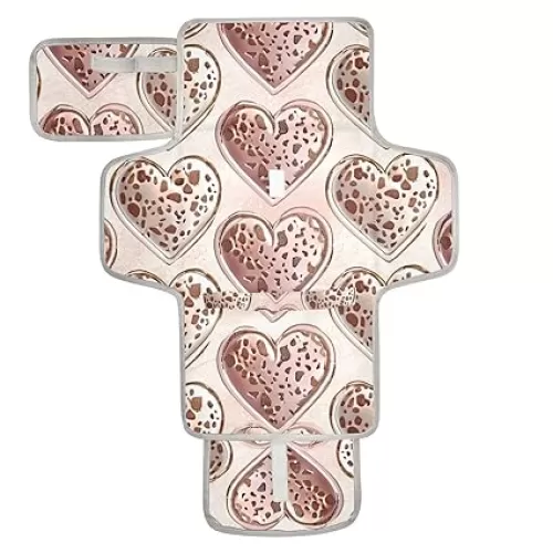Portable Changing Pad for Baby - Leopard Print Hearts Waterproof Diaper Changing Mat Travel Changing Pad with Built-in Pillow - Shower Gift for Baby
