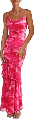 PRETTYGARDEN Maxi Dresses for Women 2025 Floral Beach Sundress Spaghetti Strap Tiered Summer Wedding Guest Long Dress
