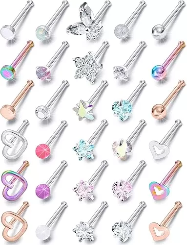 Prjndjw 20G 18G Nose Rings Studs Surgical Steel Nose Stud Glow Dark Heart Opal CZ Flower Nose Piercing Jewelry Nose Rings for Women Straight Screw L Shaped Nose Rings Hypoallergenic Nose Piercing Kit