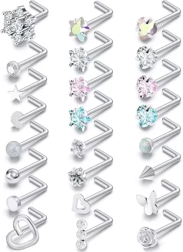 Prjndjw 44pcs 18G 20G Nose Rings Studs Nose Rings for Women Nose Piercings Jewelry Surgical Stainless Steel Straight Nose Studs Moon Star Heart Butterfly Hypoallergenic for Men