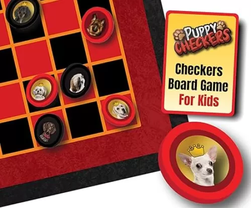 Puppy Checkers - Checkers Board Game for Kids who Love Dogs! Great Learning Games for Kids 8-12 and Also 4-8. Silly 56 Adhesive Dog Stickers Makes Checkers Better and Adults Love it for Game Night!