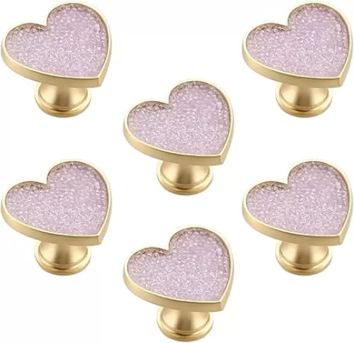 Purple Crystal Heart-Shaped knob, 6pcs Cabinets Door Knob Singe Hole Pull Handle for Living Room Bedroom Bathroom Kitchen