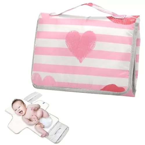 Reusable Changing pad for Baby with Tissue Pocket Pink White Stripes Heart Lip Love Diaper mat Changing pad Travel Lightweight & Foldable Changing cambiadores de pa?ales para Bebes