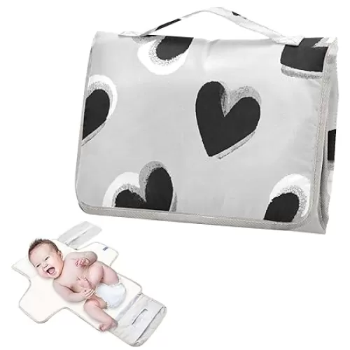 Reusable Changing pad Portable with Tissue Pocket Diaper mat Changing pad Infant Travel Station Kit- Black Hearts Grey Pattern
