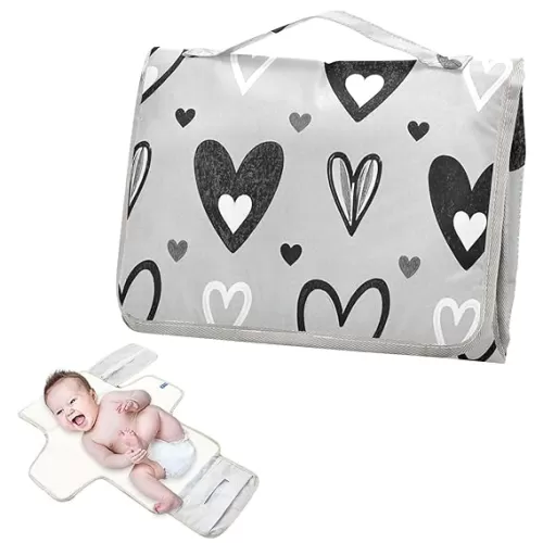 Reusable Changing Pads for Baby with Tissue Pocket Grey Black Hearts Diaper mat Changing pad Travel for Moms, Dads cambiador de pa?ales para Bebes