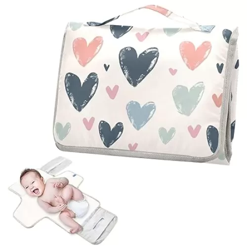 Reusable Diaper Changing mat with Tissue Pocket Baby Diaper Changing pad with Built-in Pillow- Hearts