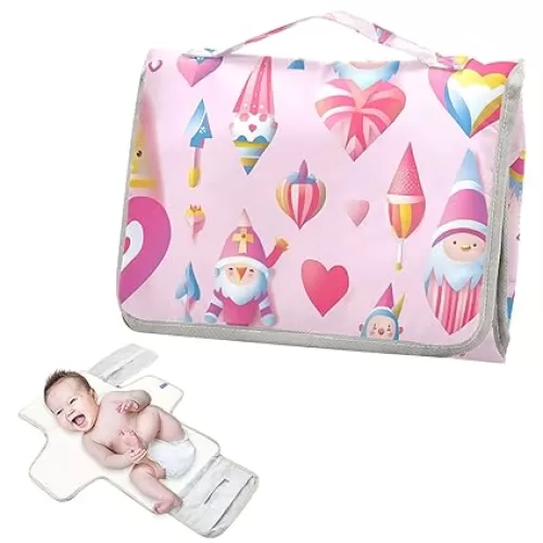Reusable Washable Changing pad with Tissue Pocket Peach Heart Shape and Gnomes Diaper mat Changing pad Travel with Built-in Pillow cambiador de pa?ales para Bebes