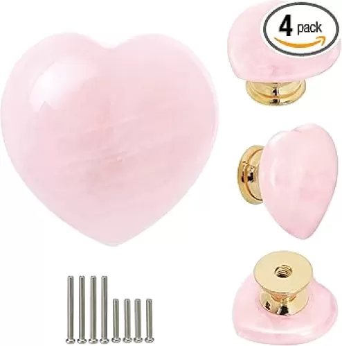 Rose Quartz Heart Cabinet Knobs, Pink Crystal Dresser Drawer Pulls for Girls, Cute Gold Knobs for Bifold Closet Door Cupboard Kitchen Bathroom