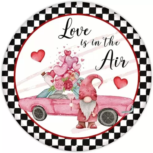 Round Metal Plaque Tin Sign Valentine's Day Love is in The Air Hanging Sign Pink Gnome Red Truck Black Checkerboard Plaid Metal Sign Heart-Shaped Outline Valentine Sign for Living Room
