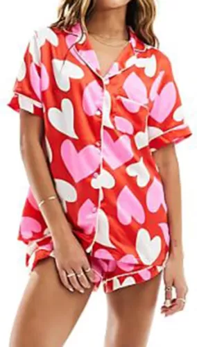 RUEWEY Womens Satin Pajamas Set Heart Print Button Down Shirt Shorts Set 2 Piece Silk Pjs Sleepwear
