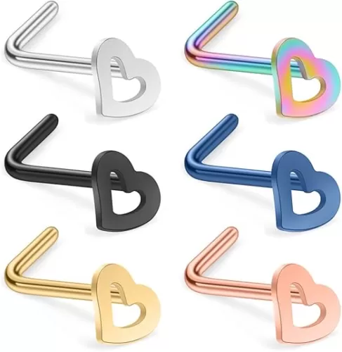 Ruifan 20G 18G Surgical Steel Heart Nose Stud Rings L Shaped Piercing Jewelry 3-6PCS