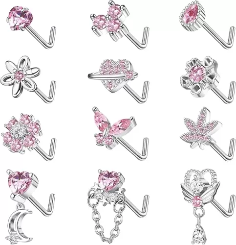 Sanfenly 12 PCS 20G Nose Rings Surgical Stainless Steel, L Shaped Nose Studs for Women Men, CZ Heart Butterfly Flower Leaf Moon Dangle Cute Nose Piercings Studs Screw Jewelry Pink/Purple/Blue/Clear