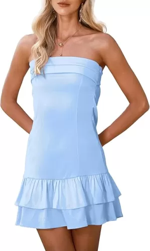 Satin Tube Mini Dress for Women Strapless Tiered Layer Hem Backless Dresses Party Clubwear