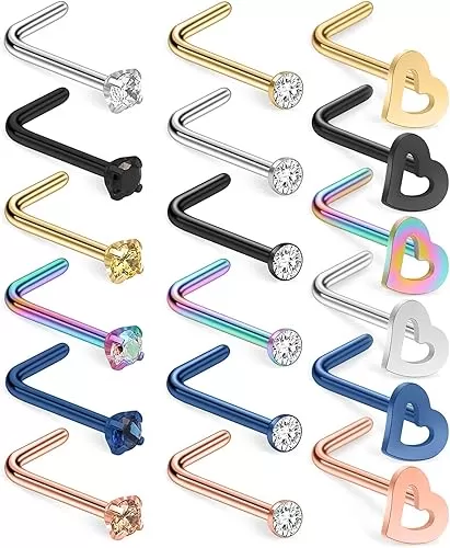 SCERRING 20G 18PCS Stainless Steel Heart Bone L Shaped Screw Nose Stud Rings Piercing Jewelry 2mm Cubic Zirconia