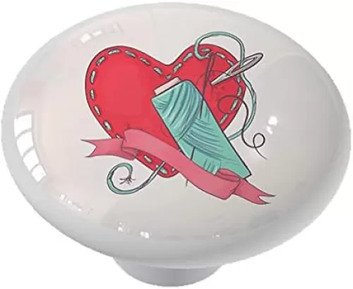 Sewing Heart with Thread Ceramic Drawer Knob