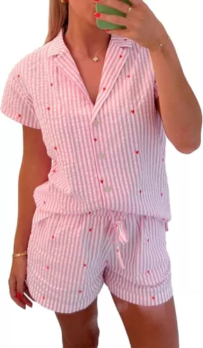 Seyurigaoka Womens Heart Print Pajamas Shorts Set Short Sleeve Sleepwear Loungewear Button-Down 2 Piece Pjs Set
