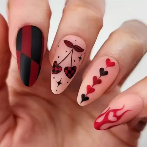SINHOT Valentine's Day Almond Press-On Nails - Stiletto Red Love Heart & Checkerboard with Cherry Design, 24Pcs with Glue