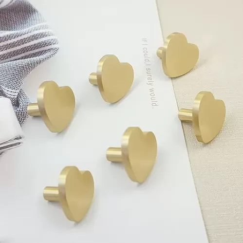 Solid Brass Drawer Knob Heart Gold Cabinet Pulls Heart-Shaped Cupboard Knob Handles Furniture Hardware (6, Brass Heart)