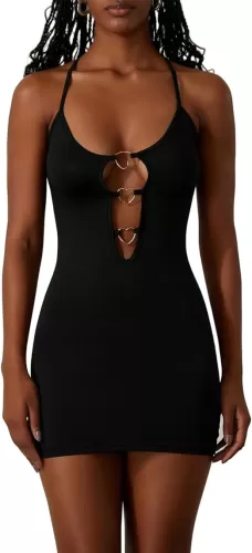 SOLILOQUY Women Y2K Spaghetti Strap Mini Dress Sexy Heart Cutout Backless Bodycon Dress Party Clubwear Valentines Day Outfit