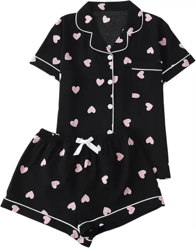 SOLY HUX Pajama Sets for Women 2 Piece Heart Print Short Sleeve Sleepwear Button Down Shirt and Shorts Sets