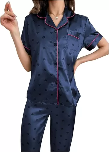 SOLY HUX Pajama Sets for Women 2 Piece Silk Satin Heart Print Short Sleeve Sleepwear Button Down Shirt and Pants Sets