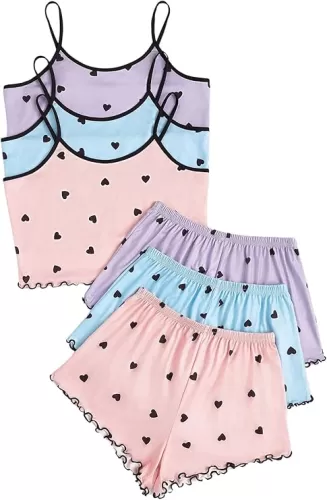 SOLY HUX Women's Cami Pajamas 3 Sets Heart Print Sleeveless Crop Top and Shorts Loungewear Summer Sleepwear