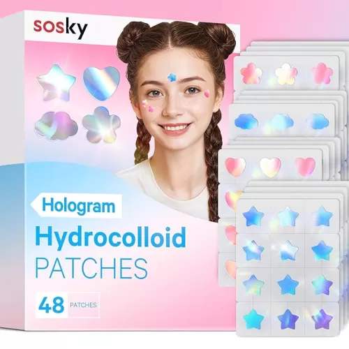 Sosky Hologram Pimple Patches for Face, Hydrocolloid Acne Patches with Salicylic Acid, Cute Star Zit Stickers, Colorful Blemish Covers, 48 Count Blue Pink Star Heart Moon Butterfly