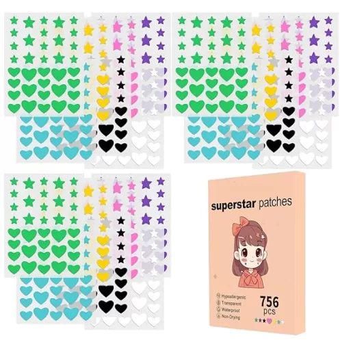 Star Pimple Patches for Face, 756 Count Hydrocolloid Acne Patches Starface Zit Patch with Small Heart Stickers, Superstar Beauty Star Face Set with Tea Tree for Cover Fast Blemish, 4 Sizes & 7 Colors