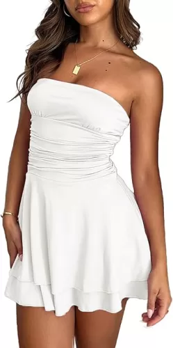 Strapless Tube Dress Sexy: Summer Off Shoulder Short Tops for Women - Ruffle Tiered Mini Party Dresses 2407