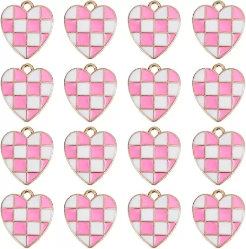 SUNNYCLUE 1 Box 30Pcs Pink Heart Charms Checkered Charm Alloy Enamel Gold Cute Valentine's Day Checkerboard Love Hearts Shaped Charm for Jewelry Making Charms DIY Keychain Bracelet Earrings Necklace
