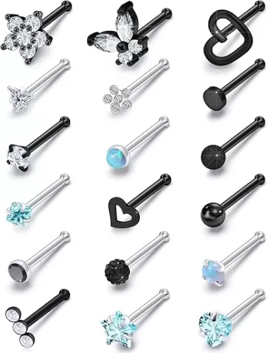 Surgical Steel Nose Ring 20G - Hypoallergenic Nose Studs With Cute Flat Opal Flower Diamond Heart - Straight L Shaped Purple, Pink, Black, Silver for Women Men Gift