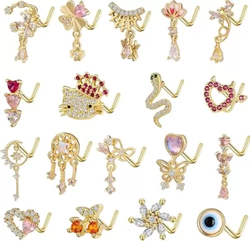 TAMHOO 18Pcs Nose Rings - L Shape, Butterfly & Heart Designs - Gold Nose Studs for Women