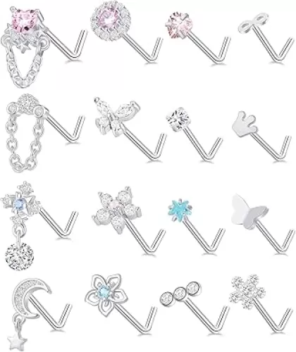 Tornito 16Pcs Dangle Hoop Nose Ring L Shape Nose Stud CZ Butterfly Flower Leaf Dangle Heart Moon Crown Nose Ring Nostril Piercing Jewelry for Women Silver Gold Tone 20G